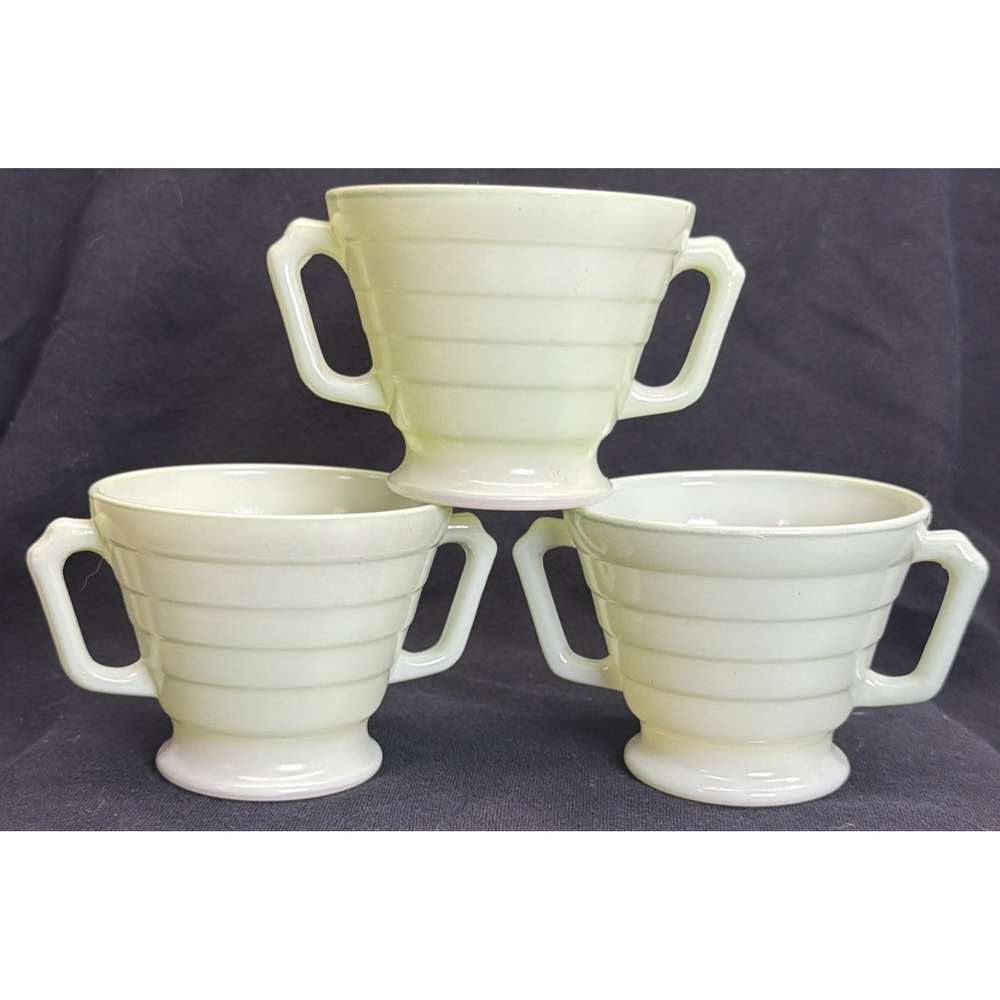 3 Hazel Atlas Moderntone Platonite Pastel green open sugar Bowl Dual Handle